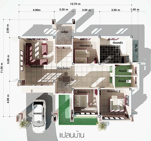 แบบบ้านชั้นเดียว 3 ห้องนอน 2 ห้องน้ำ แบบบ้านชั้นเดียว 3 ห้องนอน 2 ห้องน้ำ